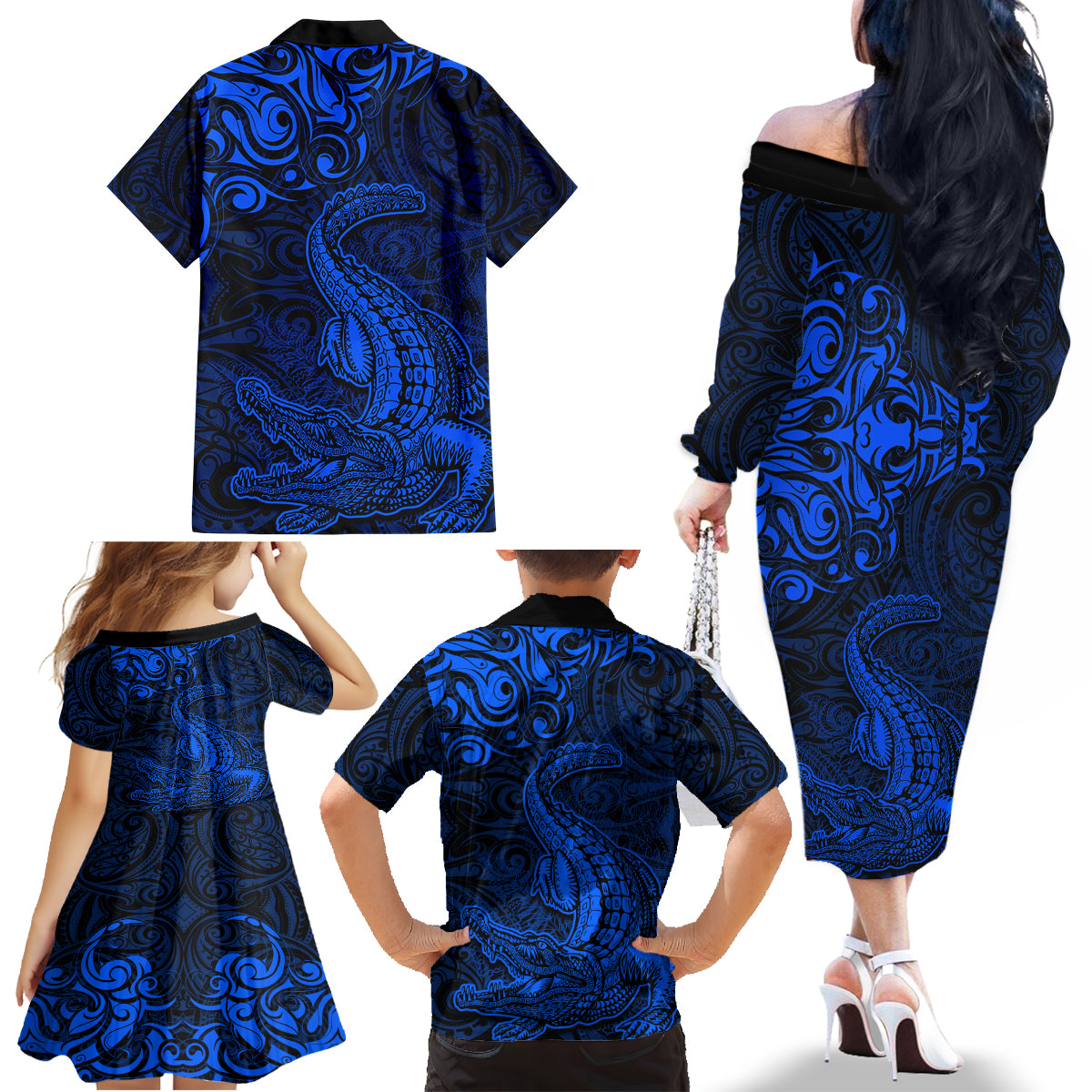New Zealand Crocodile Tattoo and Fern Family Matching Off The Shoulder Long Sleeve Dress and Hawaiian Shirt Maori Pattern Blue Color LT03 - Polynesian Pride