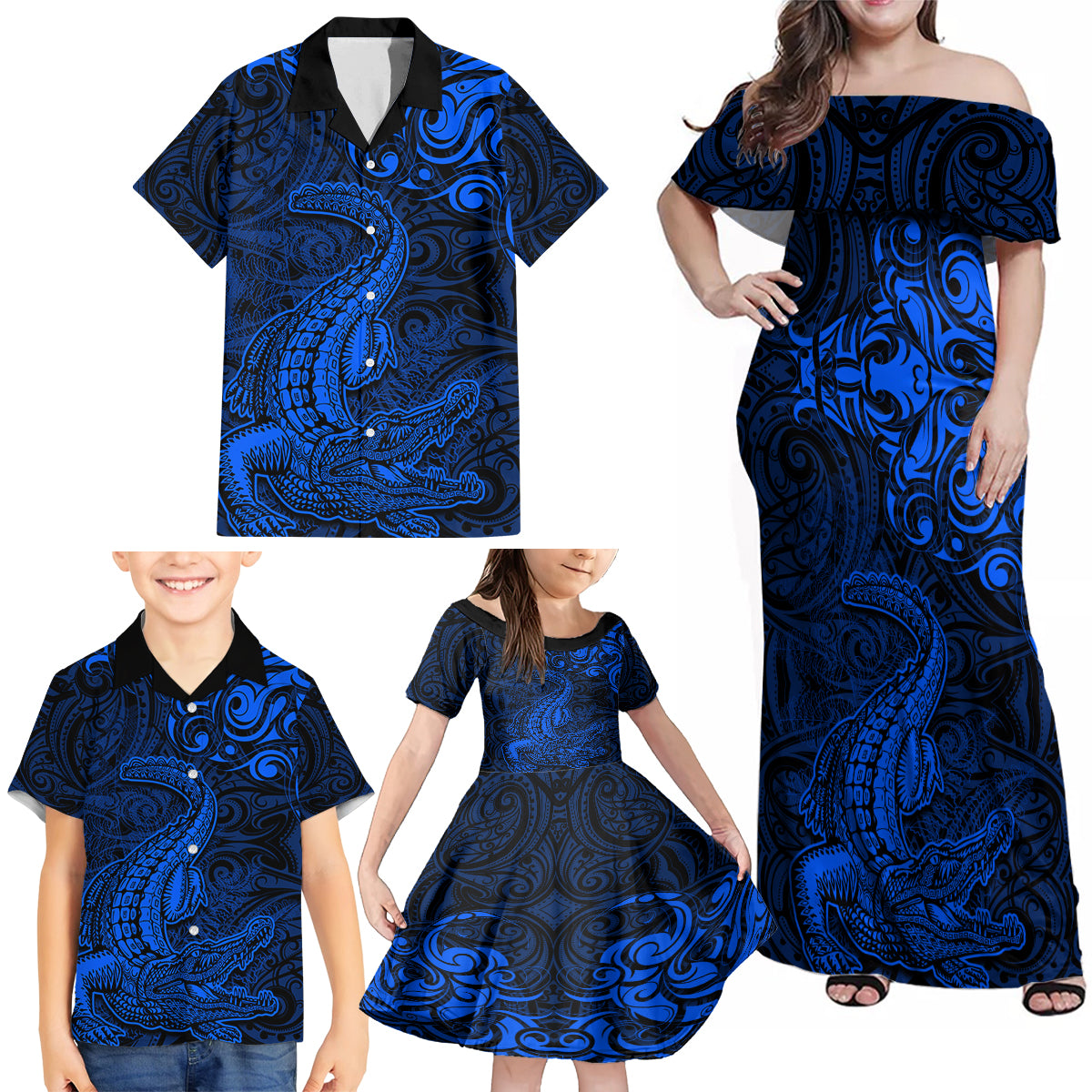 New Zealand Crocodile Tattoo and Fern Family Matching Off Shoulder Maxi Dress and Hawaiian Shirt Maori Pattern Blue Color LT03 - Polynesian Pride