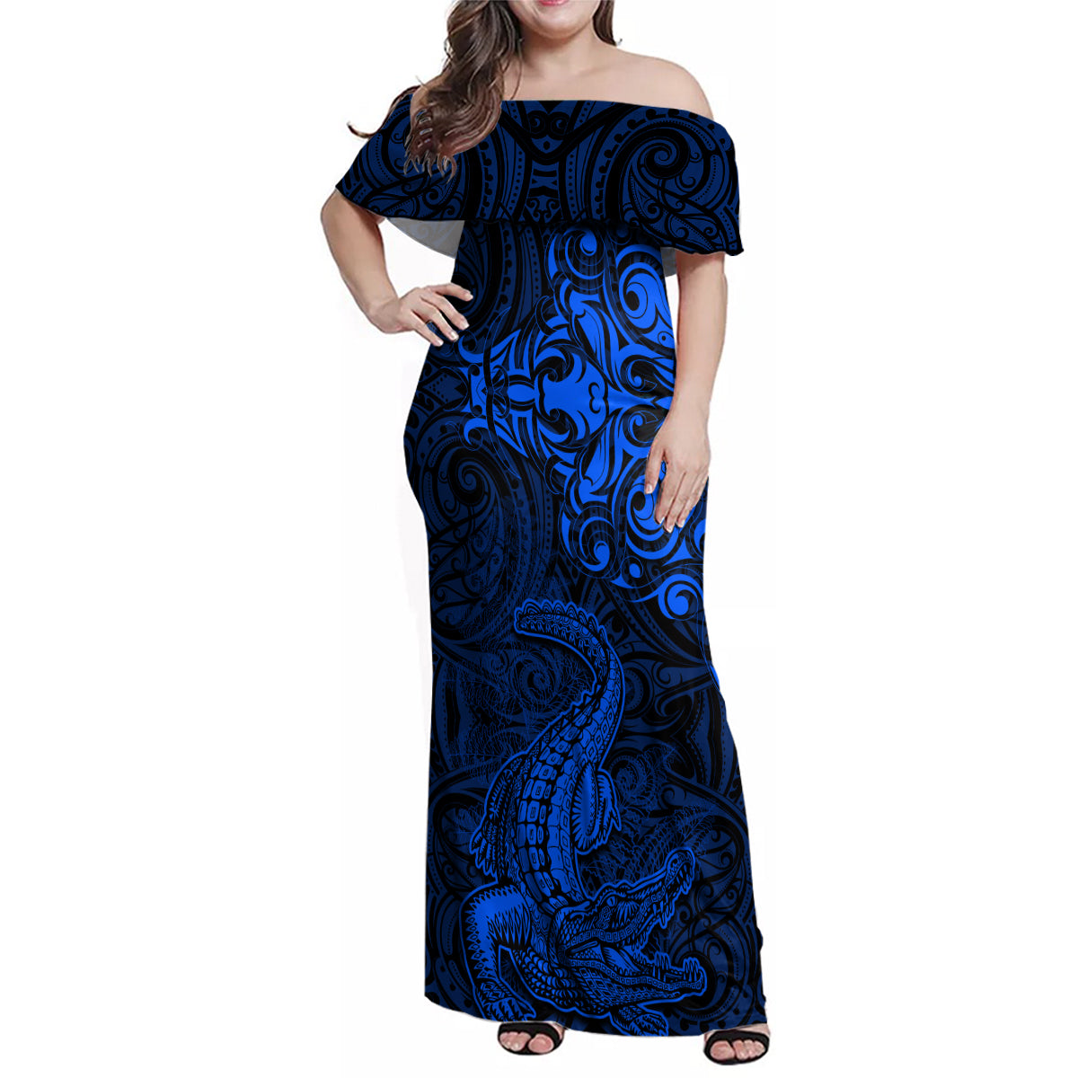 New Zealand Crocodile Tattoo and Fern Family Matching Off Shoulder Maxi Dress and Hawaiian Shirt Maori Pattern Blue Color LT03 Mom's Dress Blue - Polynesian Pride