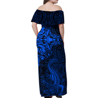 New Zealand Crocodile Tattoo and Fern Family Matching Off Shoulder Maxi Dress and Hawaiian Shirt Maori Pattern Blue Color LT03 - Polynesian Pride