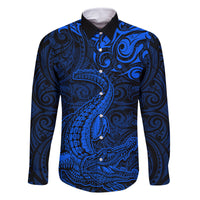 New Zealand Crocodile Tattoo and Fern Family Matching Off Shoulder Short Dress and Hawaiian Shirt Maori Pattern Blue Color LT03 Dad's Shirt - Long Sleeve Blue - Polynesian Pride