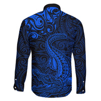 New Zealand Crocodile Tattoo and Fern Family Matching Off Shoulder Short Dress and Hawaiian Shirt Maori Pattern Blue Color LT03 - Polynesian Pride