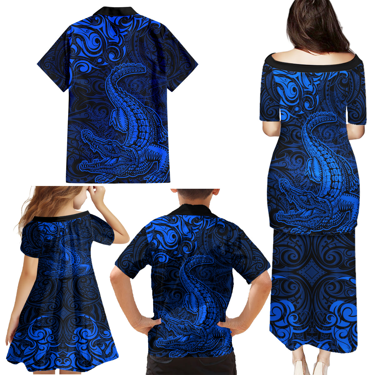 New Zealand Crocodile Tattoo and Fern Family Matching Puletasi and Hawaiian Shirt Maori Pattern Blue Color LT03 - Polynesian Pride