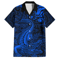New Zealand Crocodile Tattoo and Fern Family Matching Puletasi and Hawaiian Shirt Maori Pattern Blue Color LT03 Dad's Shirt - Short Sleeve Blue - Polynesian Pride