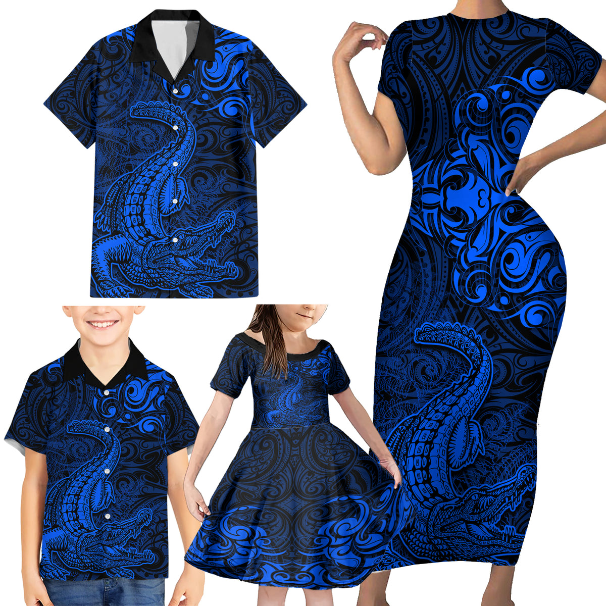 New Zealand Crocodile Tattoo and Fern Family Matching Short Sleeve Bodycon Dress and Hawaiian Shirt Maori Pattern Blue Color LT03 - Polynesian Pride