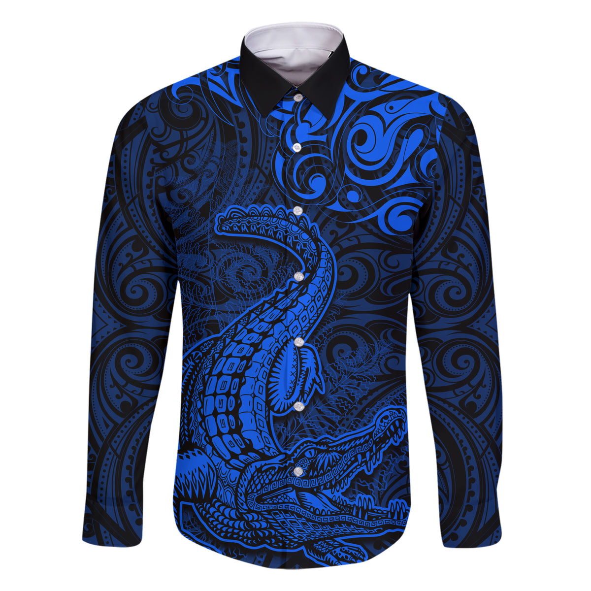 New Zealand Crocodile Tattoo and Fern Family Matching Short Sleeve Bodycon Dress and Hawaiian Shirt Maori Pattern Blue Color LT03 Dad's Shirt - Long Sleeve Blue - Polynesian Pride
