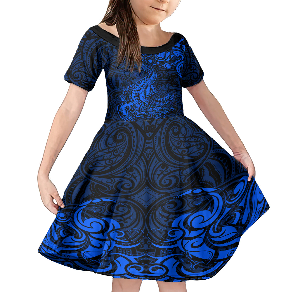 New Zealand Crocodile Tattoo and Fern Family Matching Summer Maxi Dress and Hawaiian Shirt Maori Pattern Blue Color LT03 Daughter's Dress Blue - Polynesian Pride