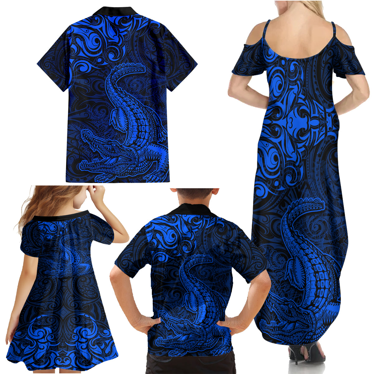 New Zealand Crocodile Tattoo and Fern Family Matching Summer Maxi Dress and Hawaiian Shirt Maori Pattern Blue Color LT03 - Polynesian Pride