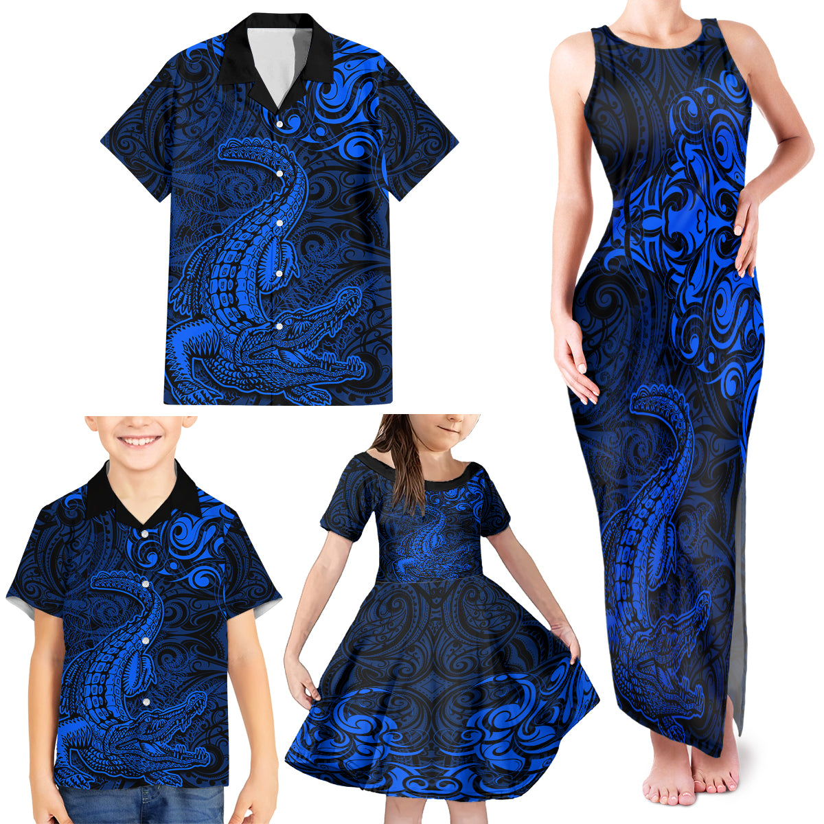New Zealand Crocodile Tattoo and Fern Family Matching Tank Maxi Dress and Hawaiian Shirt Maori Pattern Blue Color LT03 - Polynesian Pride
