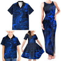New Zealand Crocodile Tattoo and Fern Family Matching Tank Maxi Dress and Hawaiian Shirt Maori Pattern Blue Color LT03 - Polynesian Pride