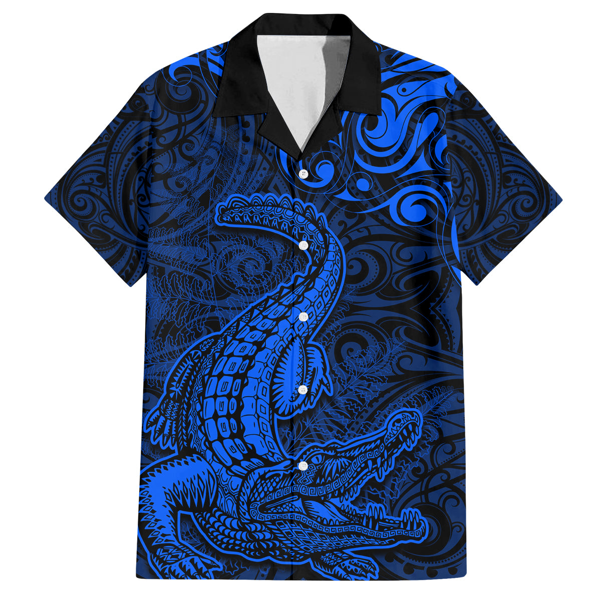 New Zealand Crocodile Tattoo and Fern Family Matching Tank Maxi Dress and Hawaiian Shirt Maori Pattern Blue Color LT03 Dad's Shirt - Short Sleeve Blue - Polynesian Pride