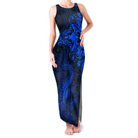 New Zealand Crocodile Tattoo and Fern Family Matching Tank Maxi Dress and Hawaiian Shirt Maori Pattern Blue Color LT03 Mom's Dress Blue - Polynesian Pride