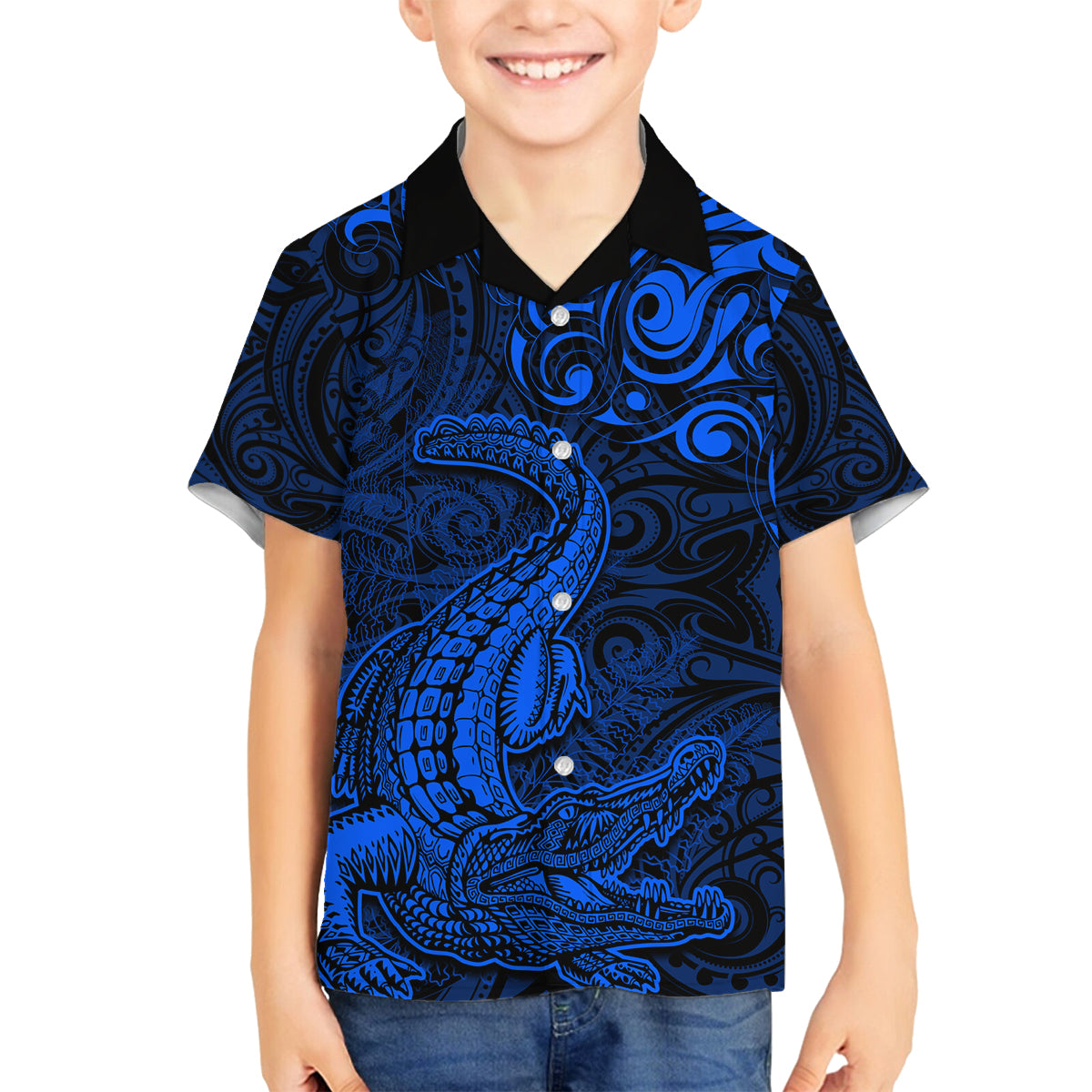 New Zealand Crocodile Tattoo and Fern Family Matching Tank Maxi Dress and Hawaiian Shirt Maori Pattern Blue Color LT03 Son's Shirt Blue - Polynesian Pride