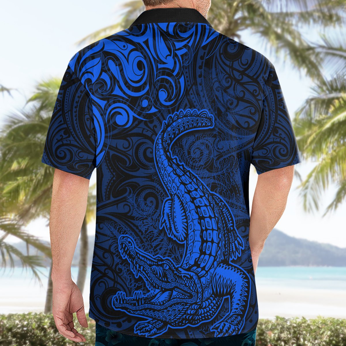 New Zealand Crocodile Tattoo and Fern Hawaiian Shirt Maori Pattern Blue Color LT03 - Polynesian Pride