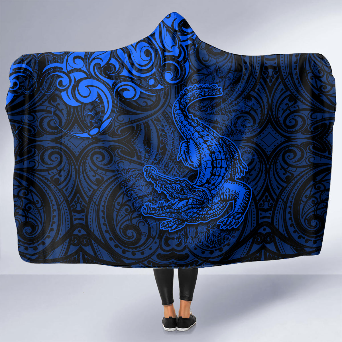 New Zealand Crocodile Tattoo and Fern Hooded Blanket Maori Pattern Blue Color LT03 - Polynesian Pride