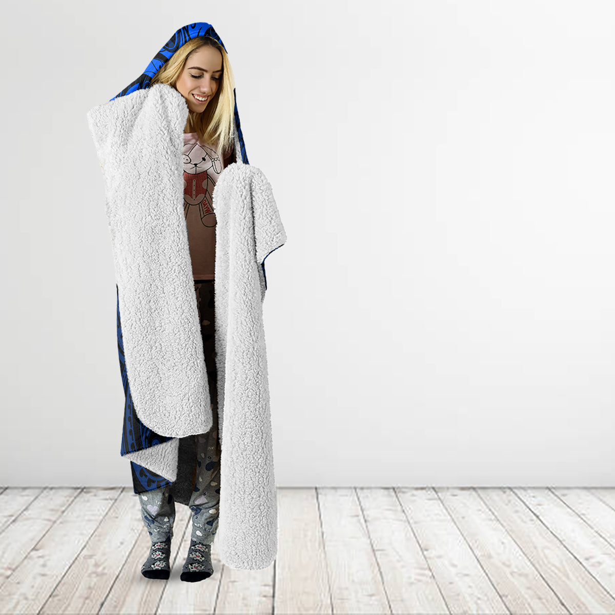 New Zealand Crocodile Tattoo and Fern Hooded Blanket Maori Pattern Blue Color LT03 - Polynesian Pride