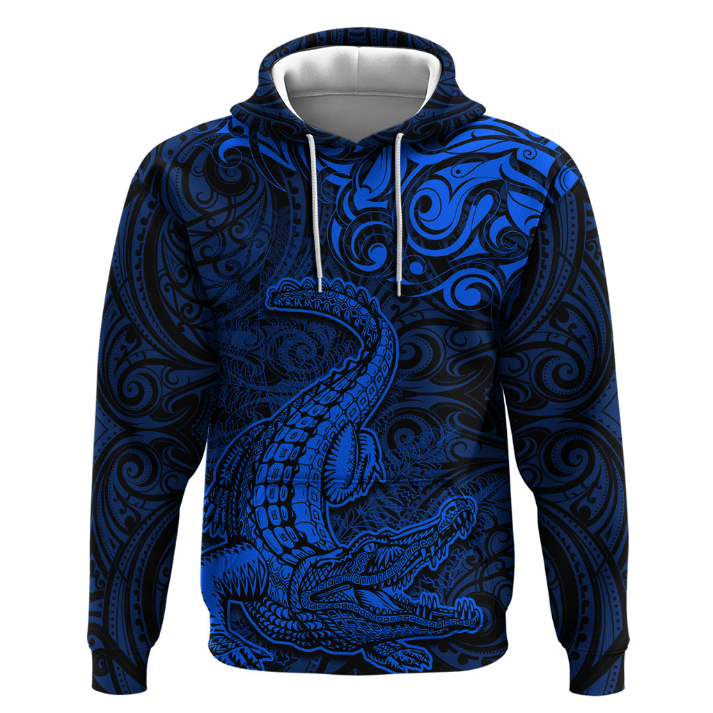 New Zealand Crocodile Tattoo and Fern Hoodie Maori Pattern Blue Color LT03 Pullover Hoodie Blue - Polynesian Pride