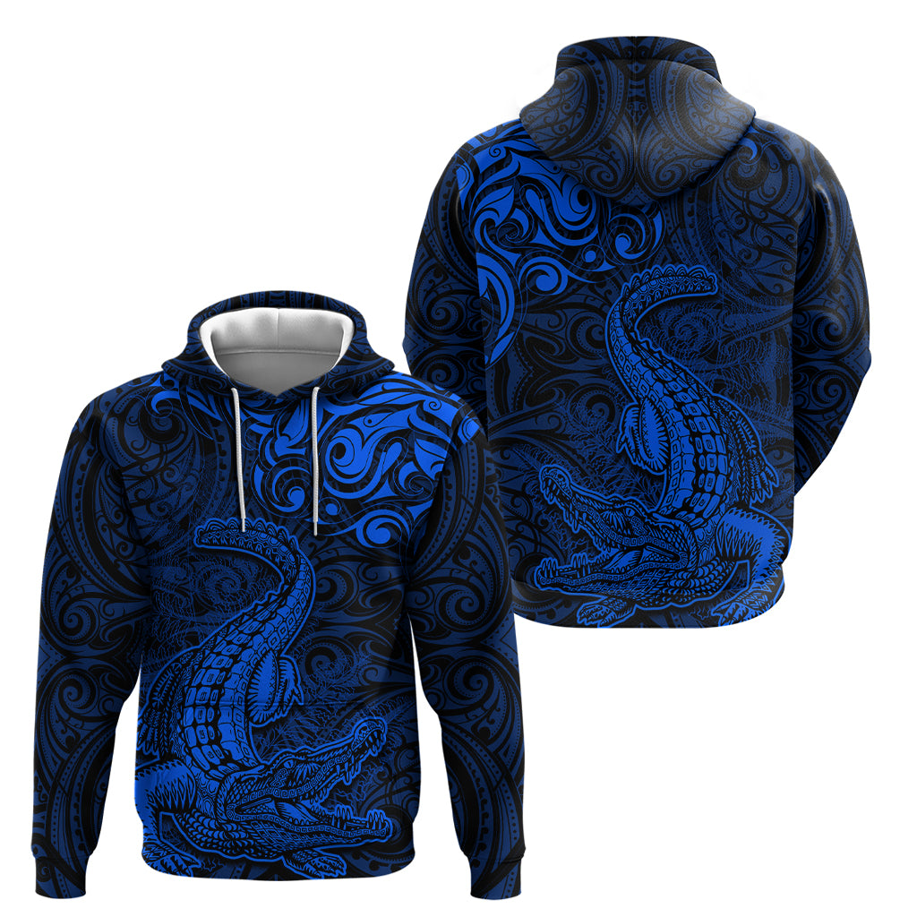 New Zealand Crocodile Tattoo and Fern Hoodie Maori Pattern Blue Color LT03 - Polynesian Pride