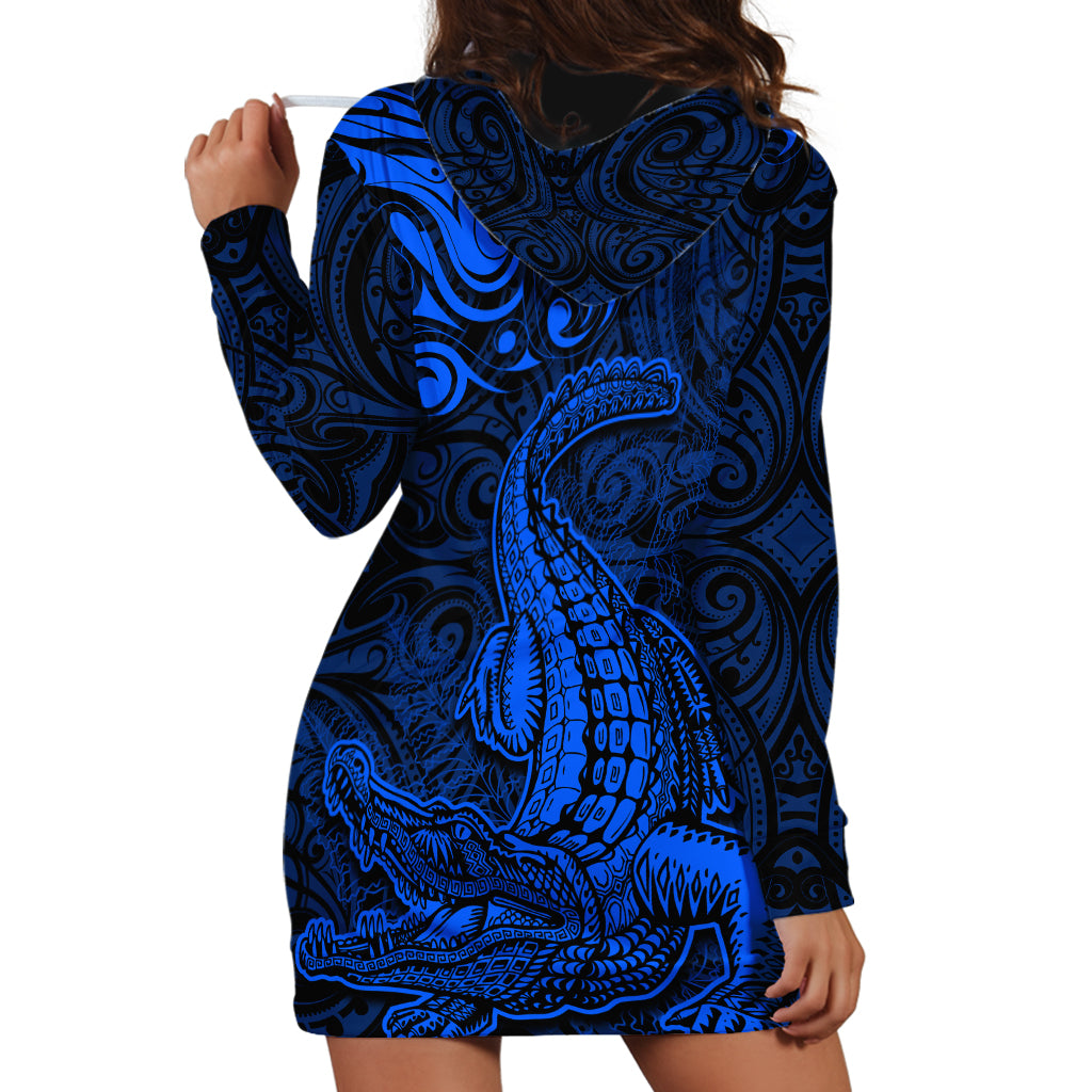 New Zealand Crocodile Tattoo and Fern Hoodie Dress Maori Pattern Blue Color LT03 - Polynesian Pride