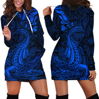 New Zealand Crocodile Tattoo and Fern Hoodie Dress Maori Pattern Blue Color LT03 - Polynesian Pride