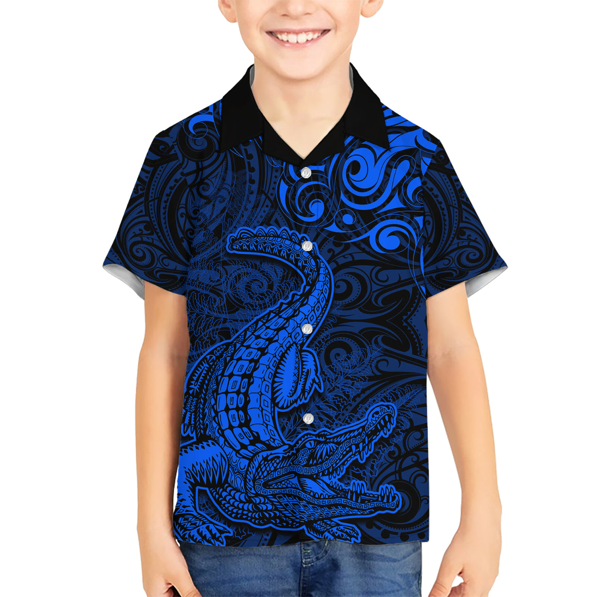 New Zealand Crocodile Tattoo and Fern Kid Hawaiian Shirt Maori Pattern Blue Color LT03 Kid Blue - Polynesian Pride