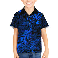 New Zealand Crocodile Tattoo and Fern Kid Hawaiian Shirt Maori Pattern Blue Color LT03 Kid Blue - Polynesian Pride