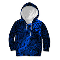 New Zealand Crocodile Tattoo and Fern Kid Hoodie Maori Pattern Blue Color LT03 Hoodie Blue - Polynesian Pride