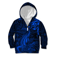 New Zealand Crocodile Tattoo and Fern Kid Hoodie Maori Pattern Blue Color LT03 Zip Hoodie Blue - Polynesian Pride