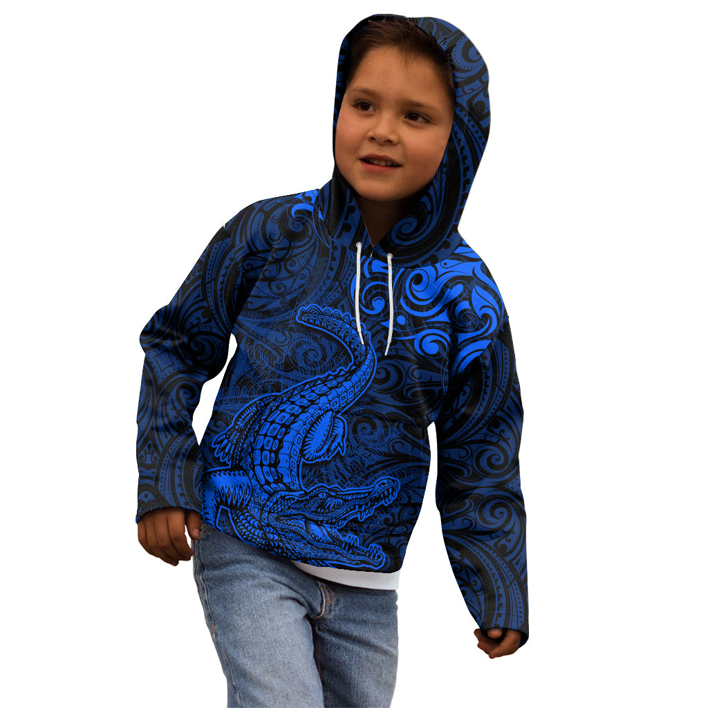 New Zealand Crocodile Tattoo and Fern Kid Hoodie Maori Pattern Blue Color LT03 - Polynesian Pride
