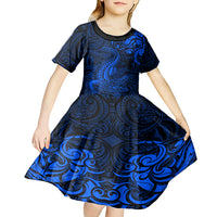 New Zealand Crocodile Tattoo and Fern Kid Short Sleeve Dress Maori Pattern Blue Color LT03 - Polynesian Pride