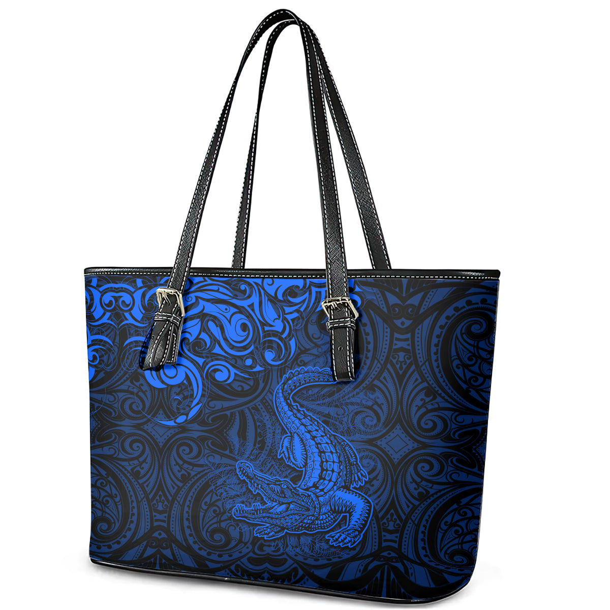 New Zealand Crocodile Tattoo and Fern Leather Tote Bag Maori Pattern Blue Color LT03 - Polynesian Pride