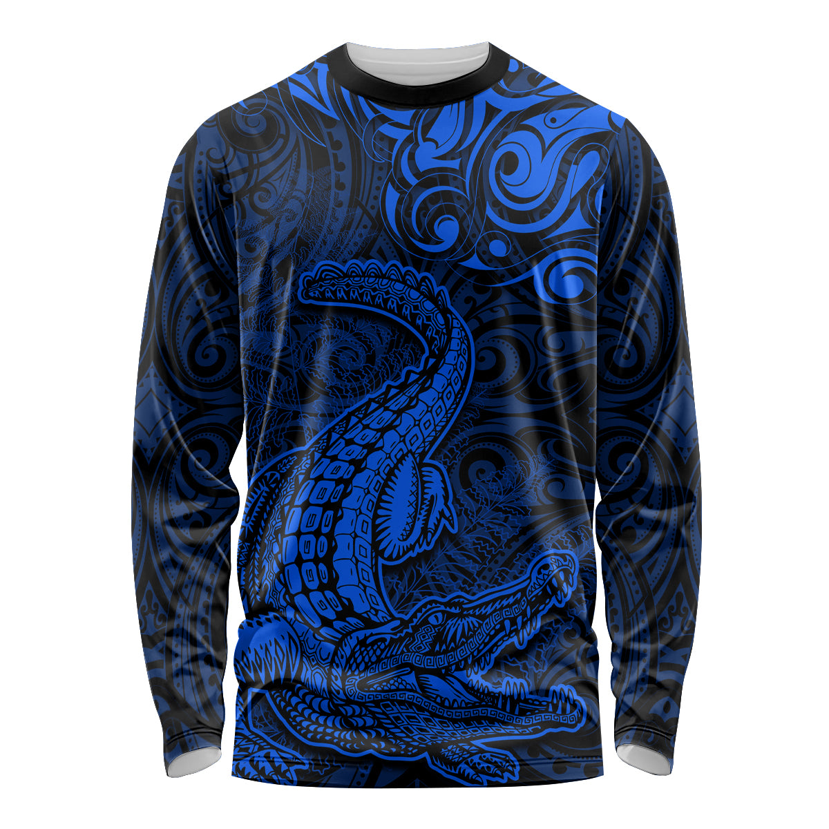 New Zealand Crocodile Tattoo and Fern Long Sleeve Shirt Maori Pattern Blue Color LT03 Unisex Blue - Polynesian Pride