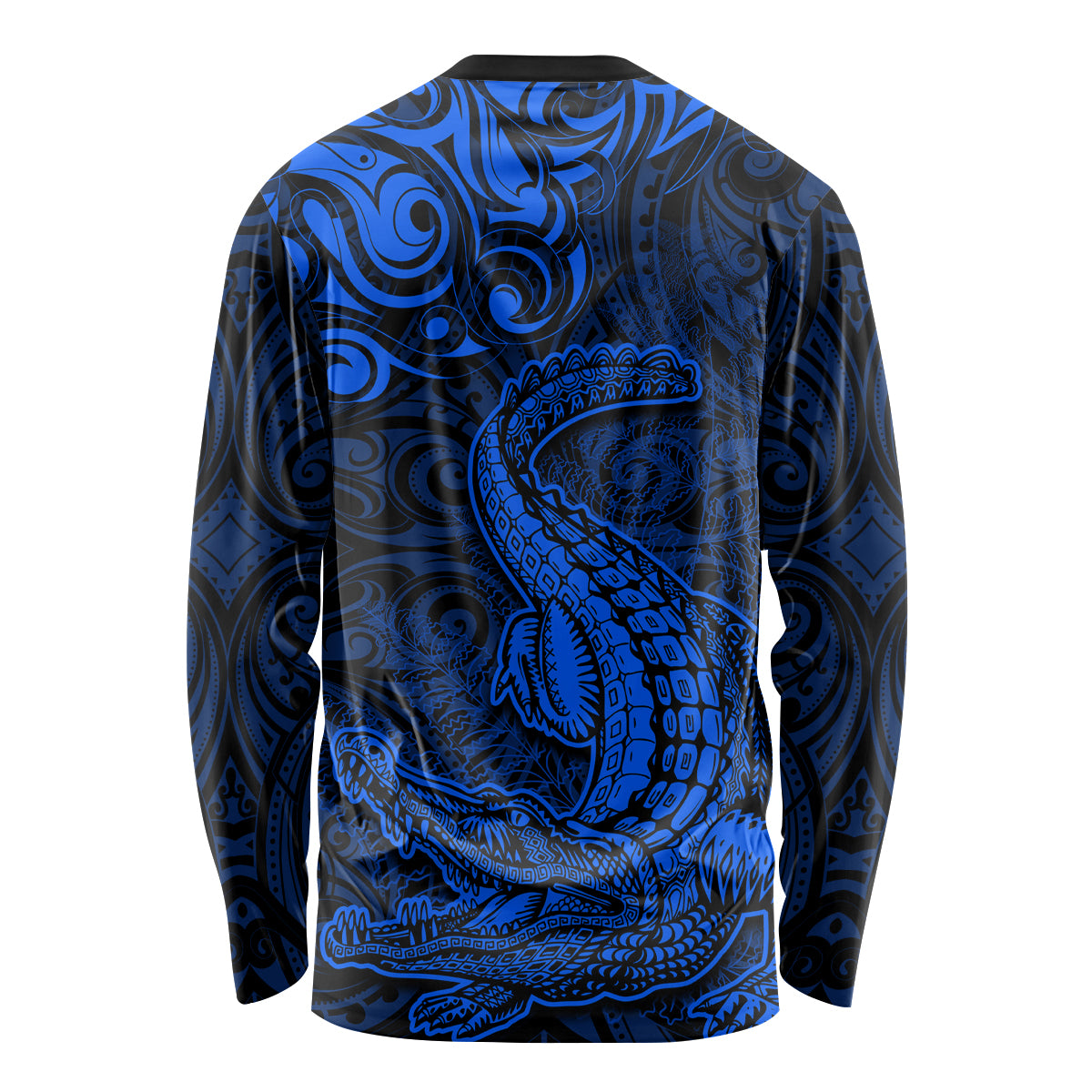 New Zealand Crocodile Tattoo and Fern Long Sleeve Shirt Maori Pattern Blue Color LT03 - Polynesian Pride
