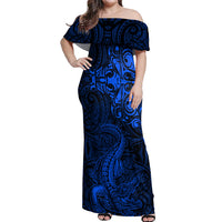 New Zealand Crocodile Tattoo and Fern Off Shoulder Maxi Dress Maori Pattern Blue Color LT03 Women Blue - Polynesian Pride