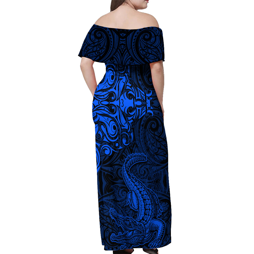 New Zealand Crocodile Tattoo and Fern Off Shoulder Maxi Dress Maori Pattern Blue Color LT03 - Polynesian Pride