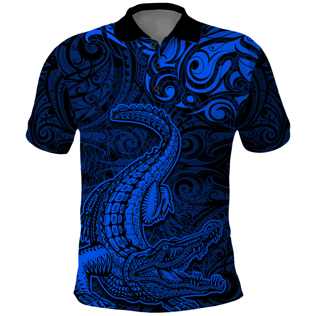 New Zealand Crocodile Tattoo and Fern Polo Shirt Maori Pattern Blue Color LT03 Blue - Polynesian Pride