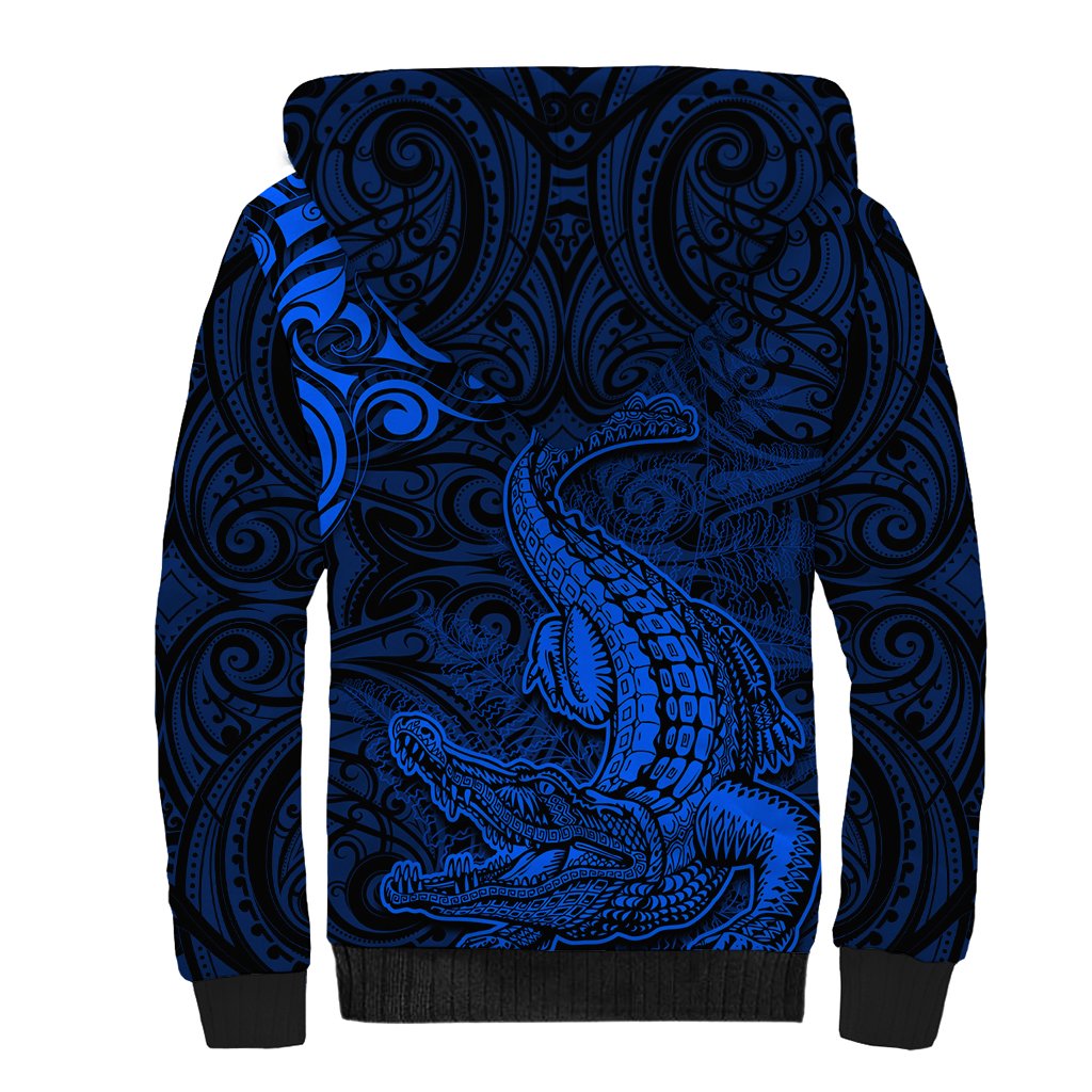 New Zealand Crocodile Tattoo and Fern Sherpa Hoodie Maori Pattern Blue Color LT03 - Polynesian Pride