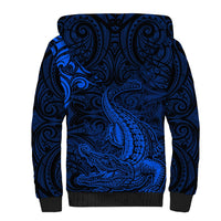 New Zealand Crocodile Tattoo and Fern Sherpa Hoodie Maori Pattern Blue Color LT03 - Polynesian Pride