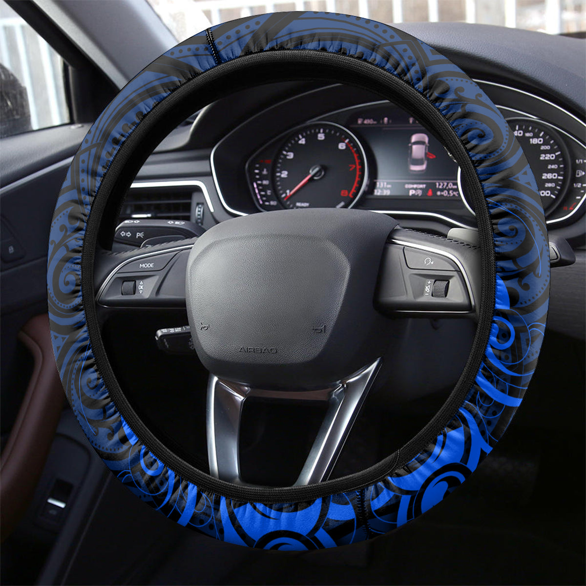 New Zealand Crocodile Tattoo and Fern Steering Wheel Cover Maori Pattern Blue Color LT03 - Polynesian Pride