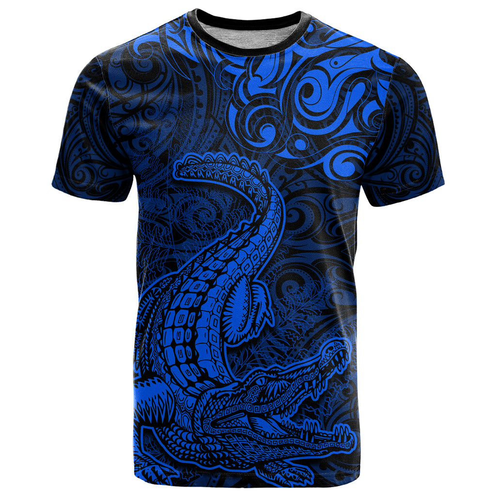 New Zealand Crocodile Tattoo and Fern T Shirt Maori Pattern Blue Color LT03 Blue - Polynesian Pride