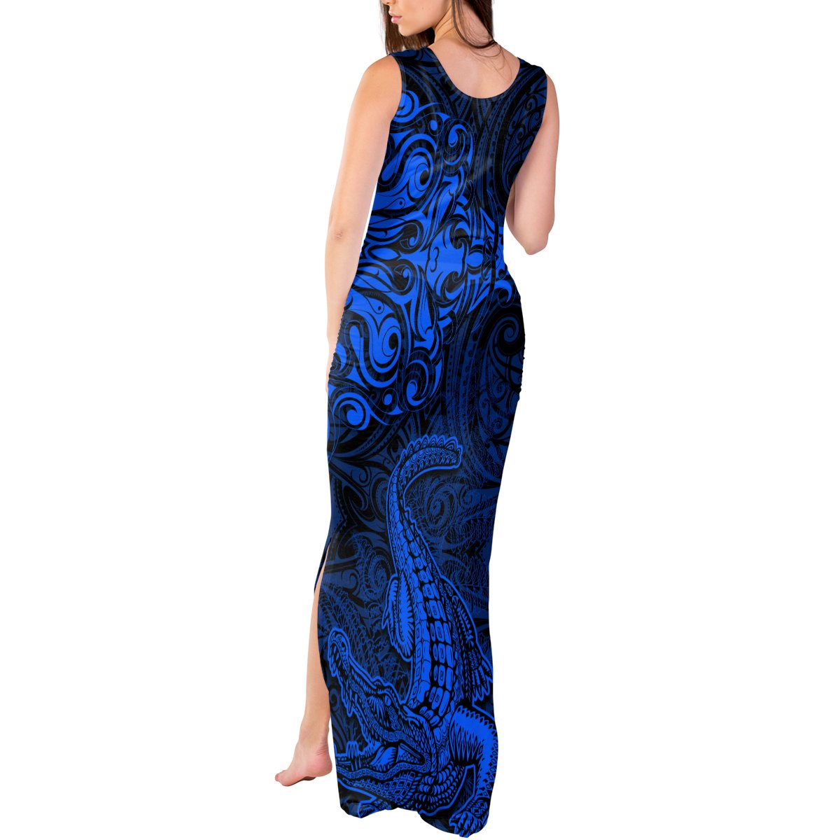 New Zealand Crocodile Tattoo and Fern Tank Maxi Dress Maori Pattern Blue Color LT03 - Polynesian Pride