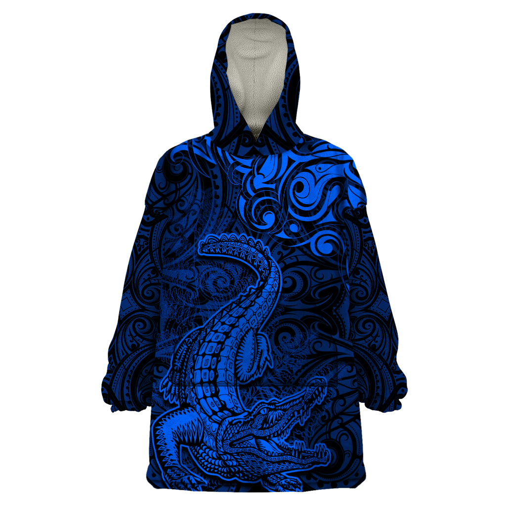 New Zealand Crocodile Tattoo and Fern Wearable Blanket Hoodie Maori Pattern Blue Color LT03 One Size Blue - Polynesian Pride