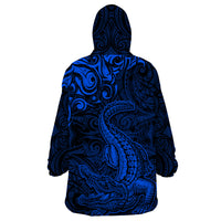 New Zealand Crocodile Tattoo and Fern Wearable Blanket Hoodie Maori Pattern Blue Color LT03 - Polynesian Pride