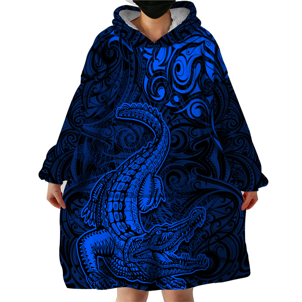 New Zealand Crocodile Tattoo and Fern Wearable Blanket Hoodie Maori Pattern Blue Color LT03 - Polynesian Pride