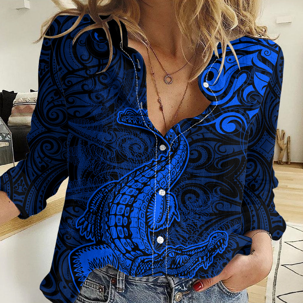 New Zealand Crocodile Tattoo and Fern Women Casual Shirt Maori Pattern Blue Color LT03 Female Blue - Polynesian Pride