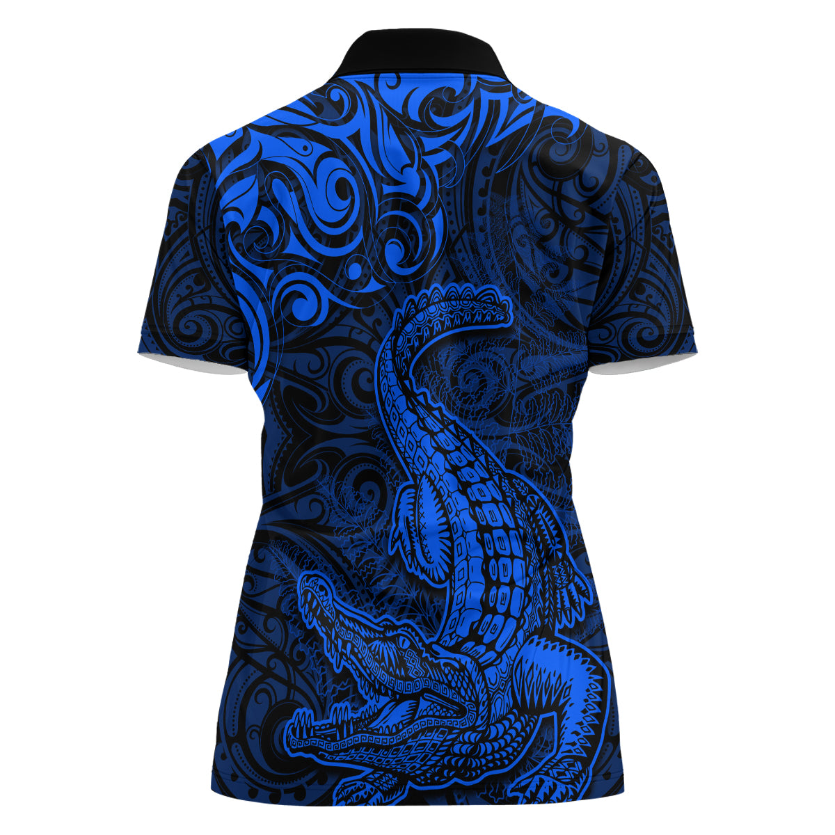 New Zealand Crocodile Tattoo and Fern Women Polo Shirt Maori Pattern Blue Color