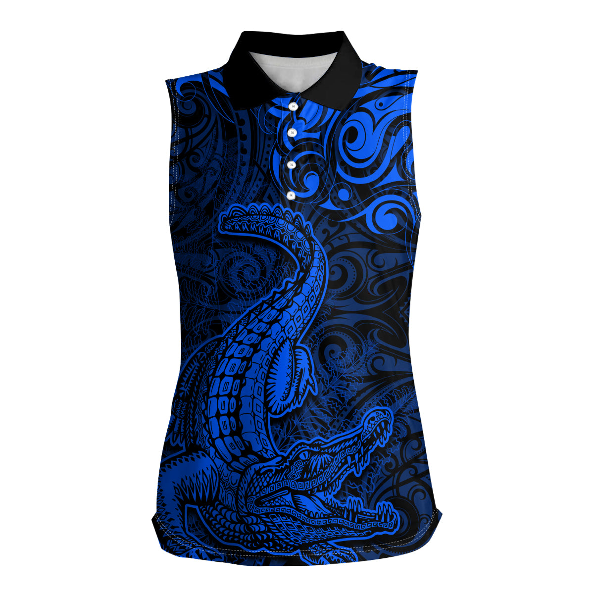 New Zealand Crocodile Tattoo and Fern Women Sleeveless Polo Shirt Maori Pattern Blue Color LT03 Female Blue - Polynesian Pride