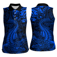 New Zealand Crocodile Tattoo and Fern Women Sleeveless Polo Shirt Maori Pattern Blue Color LT03 - Polynesian Pride