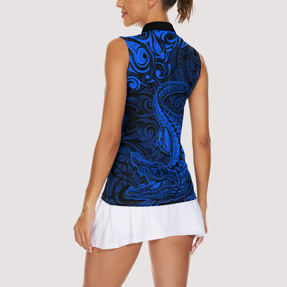 New Zealand Crocodile Tattoo and Fern Women Sleeveless Polo Shirt Maori Pattern Blue Color LT03 - Polynesian Pride