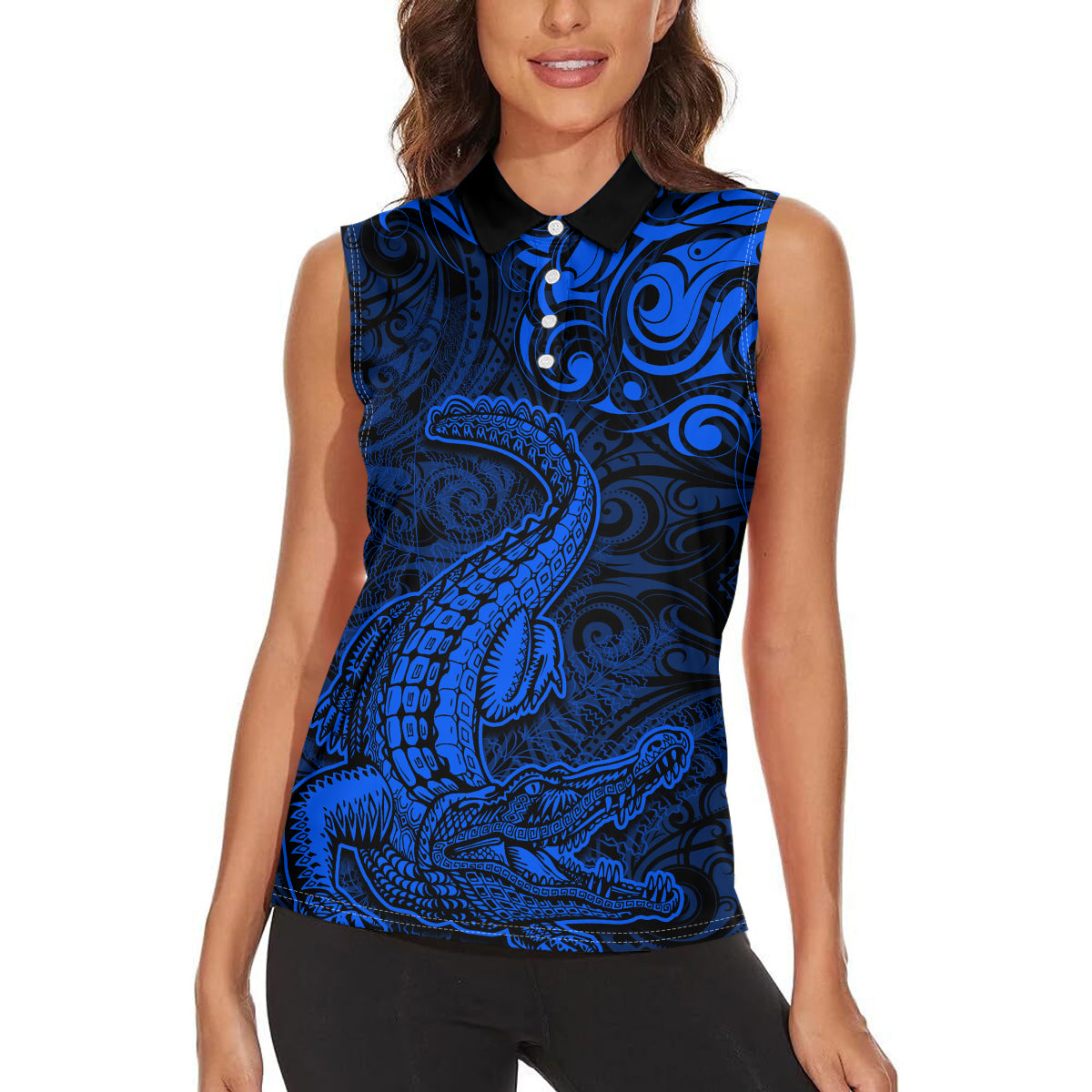 New Zealand Crocodile Tattoo and Fern Women Sleeveless Polo Shirt Maori Pattern Blue Color LT03 - Polynesian Pride